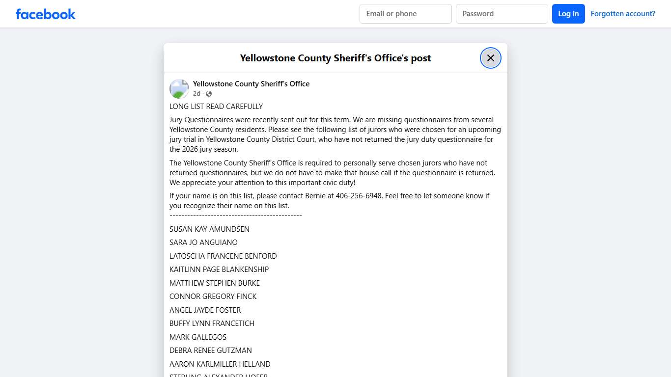 LONG LIST READ... - Yellowstone County Sheriff's Office Facebook